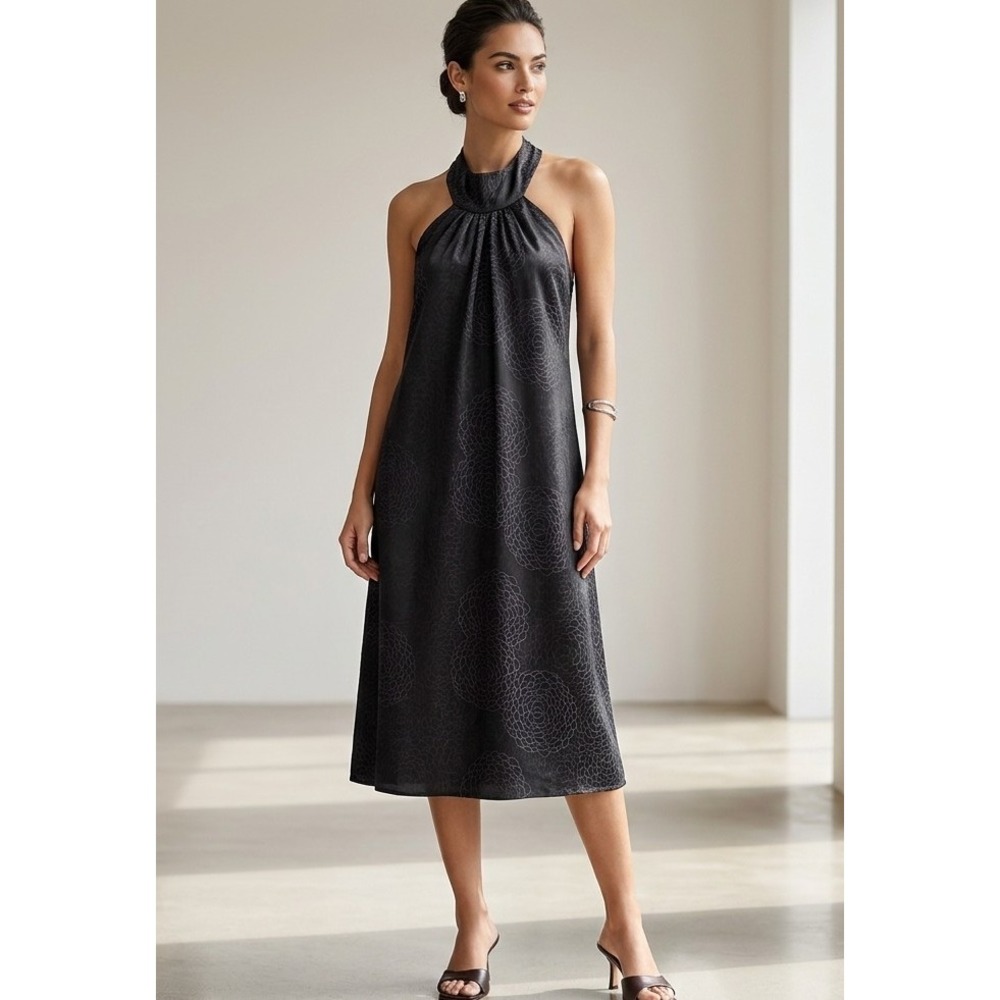 Industry Lucky Brand Silk Halter Midi Dress Black Purple‎ Floral Tie Neck